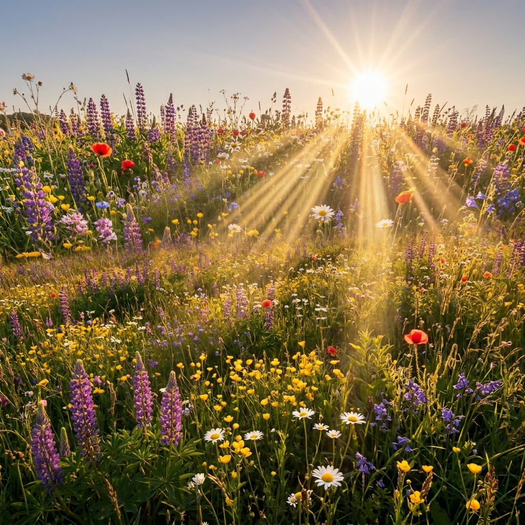 Sunrise over a wildflower meadow with rolling green hills